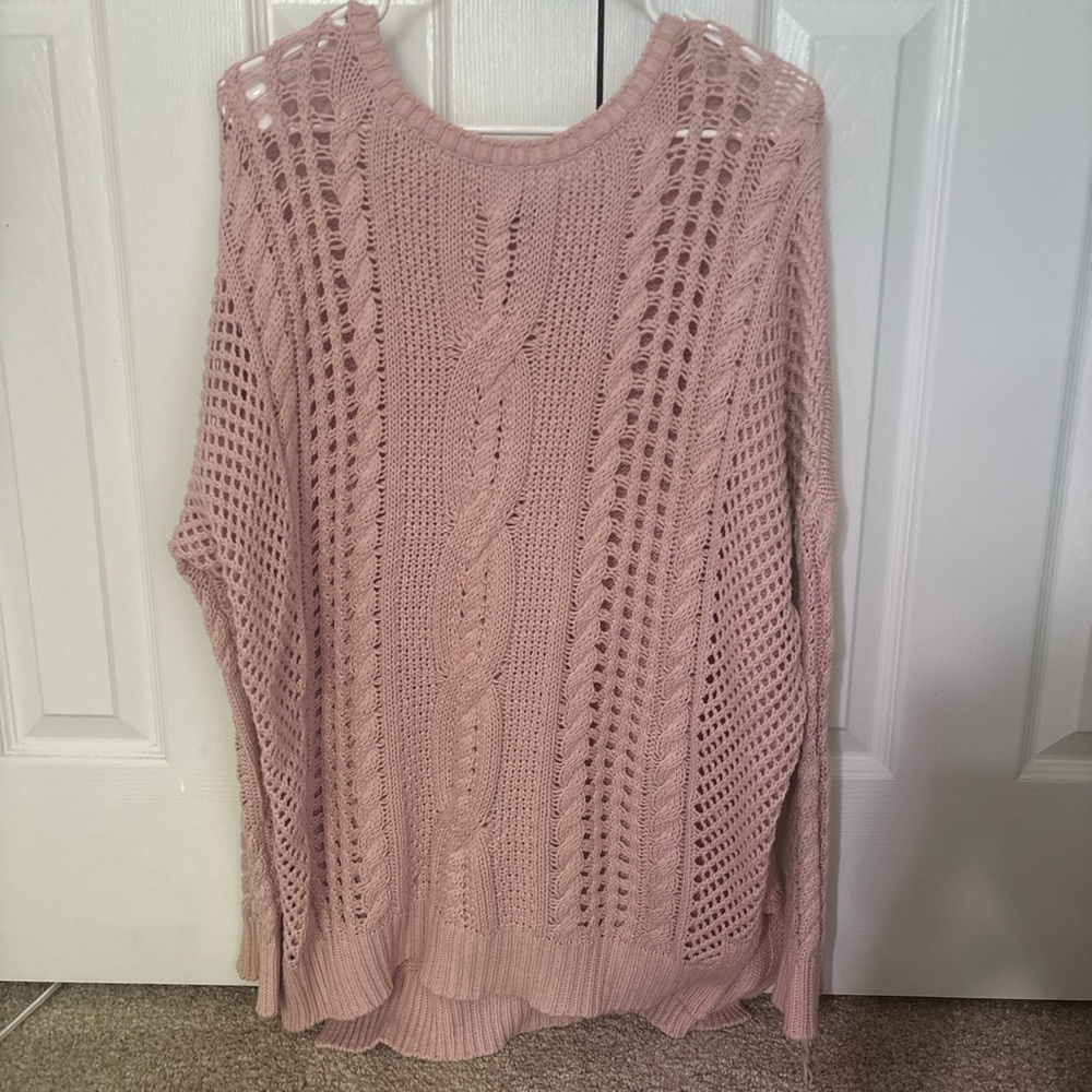 Express Pink Crew Neck Sweater with Cable Knit Design